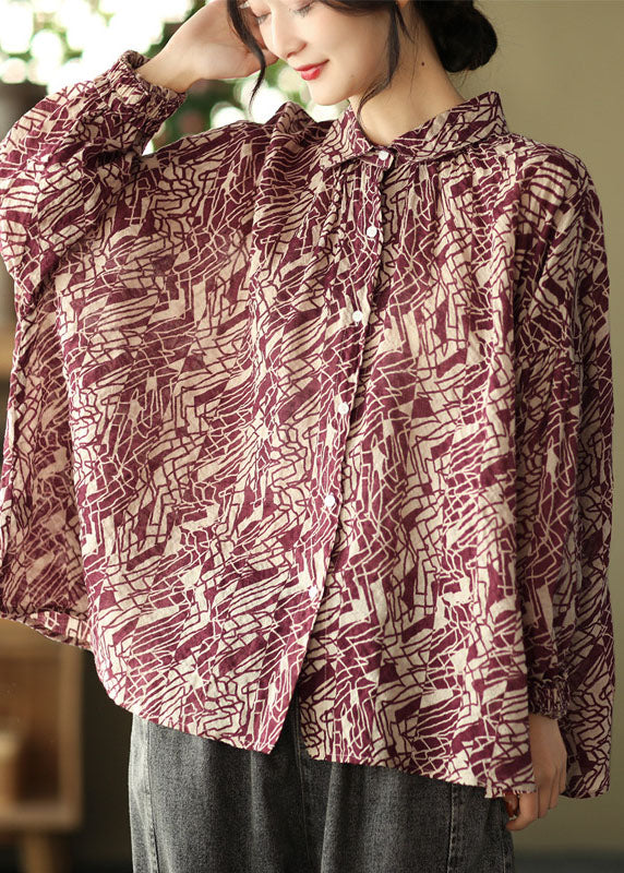 VCSHOES Red Peter Pan Collar Patchwork Shirt Long Sleeve
