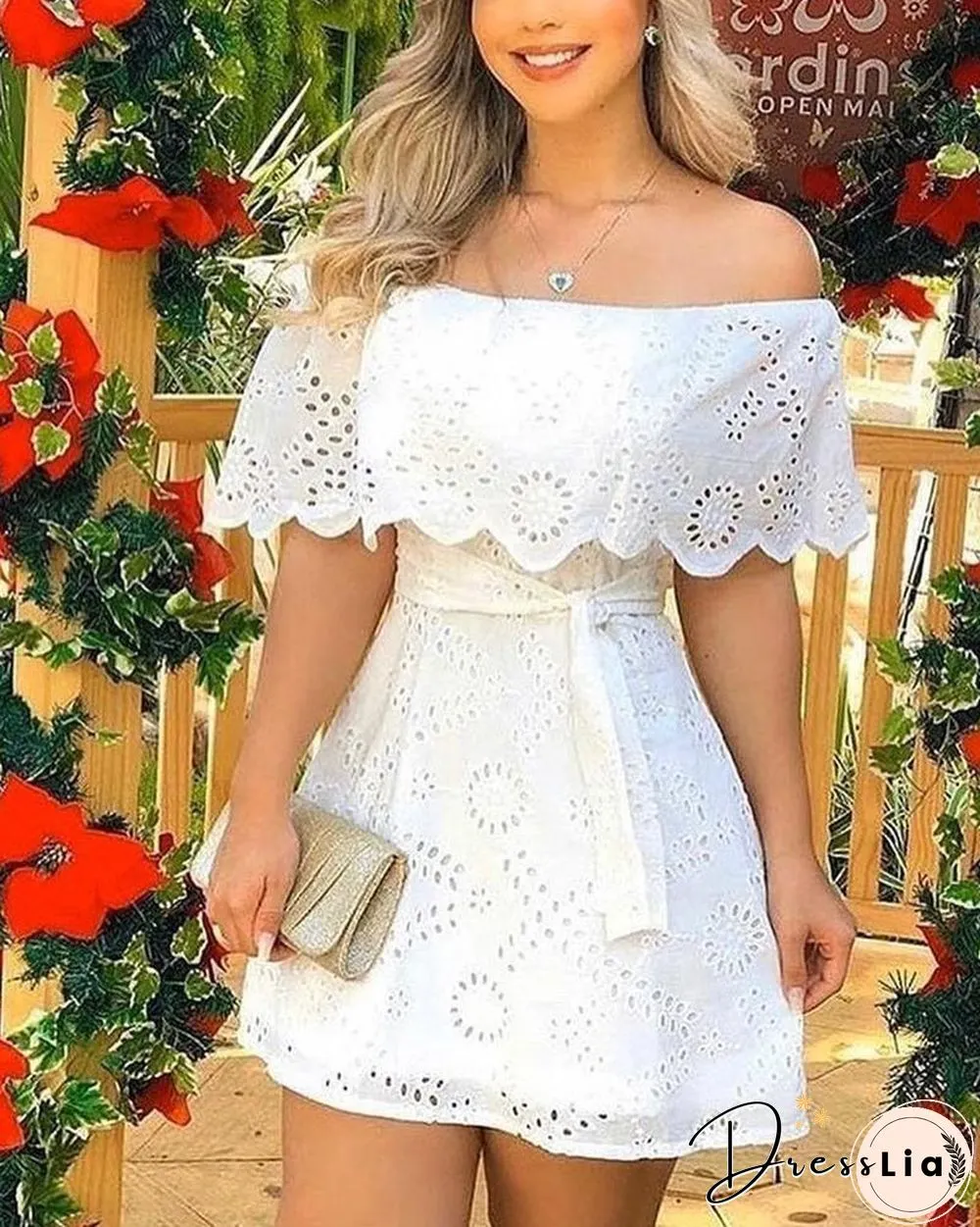Off Shoulder  Broderie Lace Mini Dress P13564