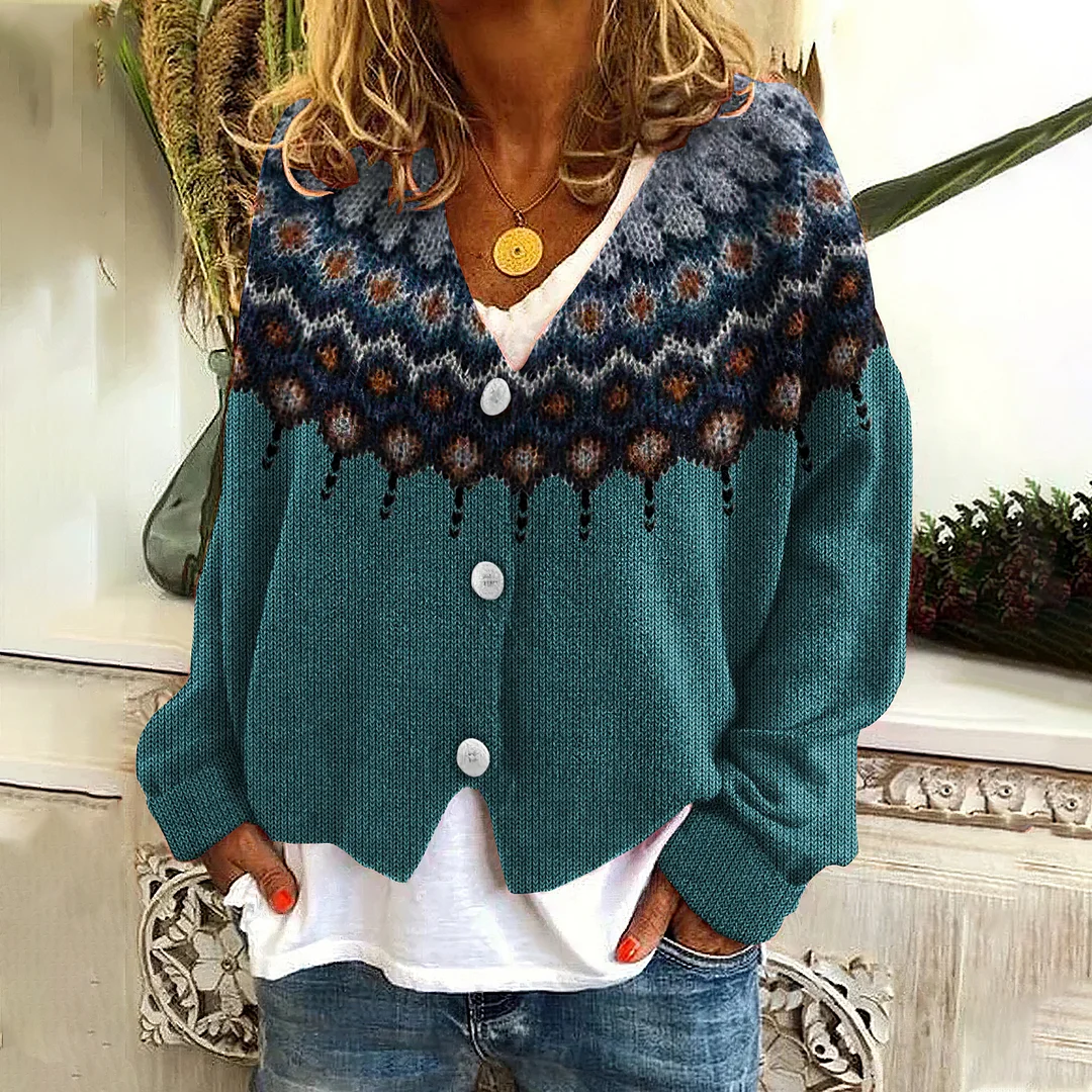 Retro Icelandic Pattern Knitted V Neck Button Cozy Sweater