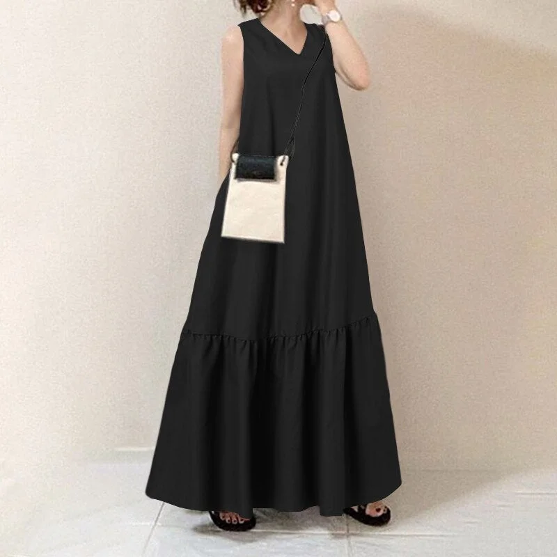 Women's Summer Sundress ZANZEA Vintage Solid Ruffle Dress Casual V Neck Maxi Vestidos Female Sleeveless Pleated Robe