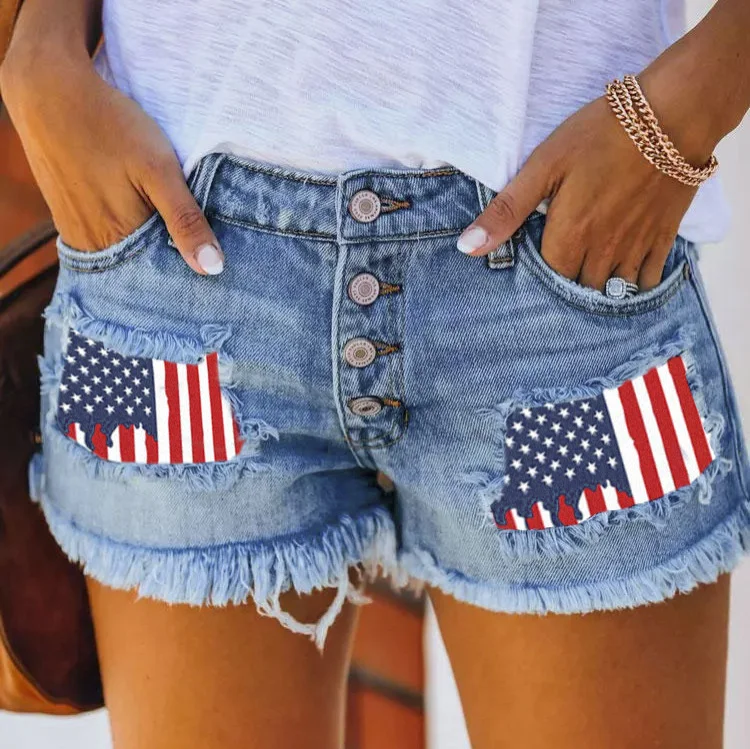 Women's Ripped US Flag Patchwork Denim Shorts