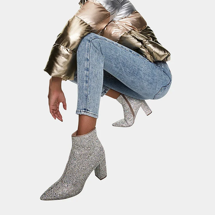 Bottes à talon bloc en strass argentés Flusfy