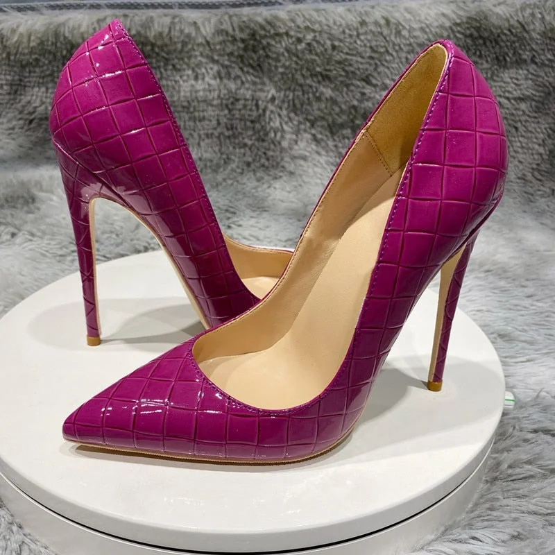 LOURDASPREC Purple Crocodile-Effect Women Chic Pumps Sexy Ladies Party High Heel Shoes Slip On Pointed Toe Stilettos Size 11 12