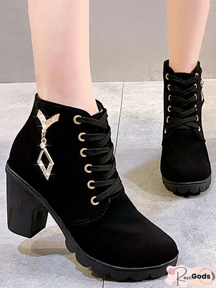 Rhinestone Lace Up High Heel Chunky Heel Martin Boots