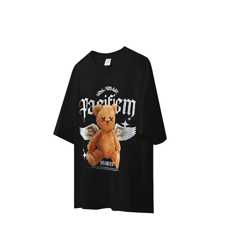 Luminous Angel Bear Print T-Shirt Loose Street Short Sleeves at Hiphopee