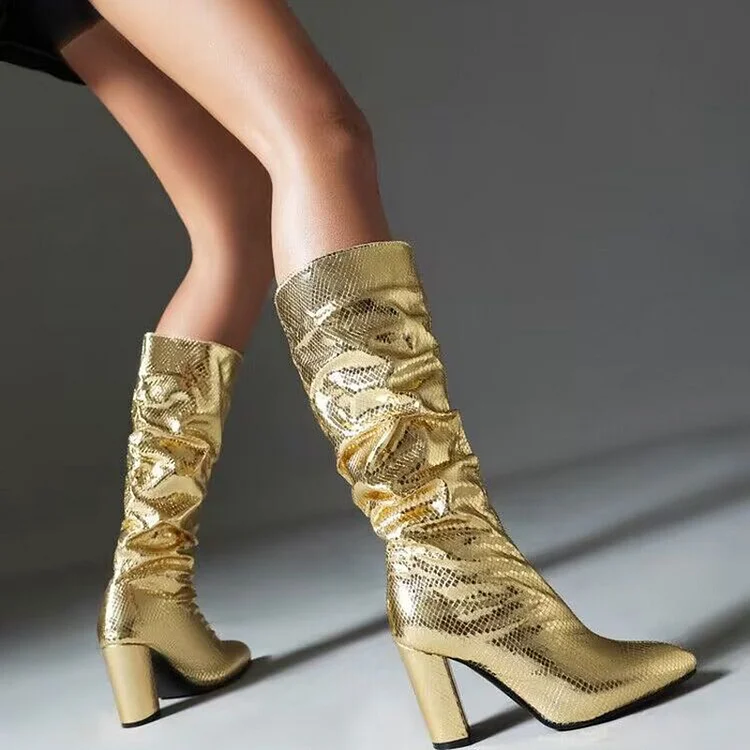 Fashion Pointed Toe Chunky Heel PU Leather Boots-Gold
