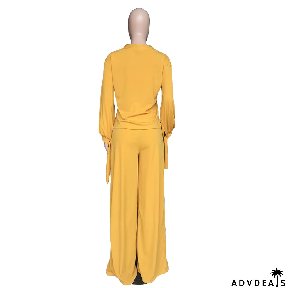 Autumn Solid Color Puff Sleeve Shirt and Loose Pants Set