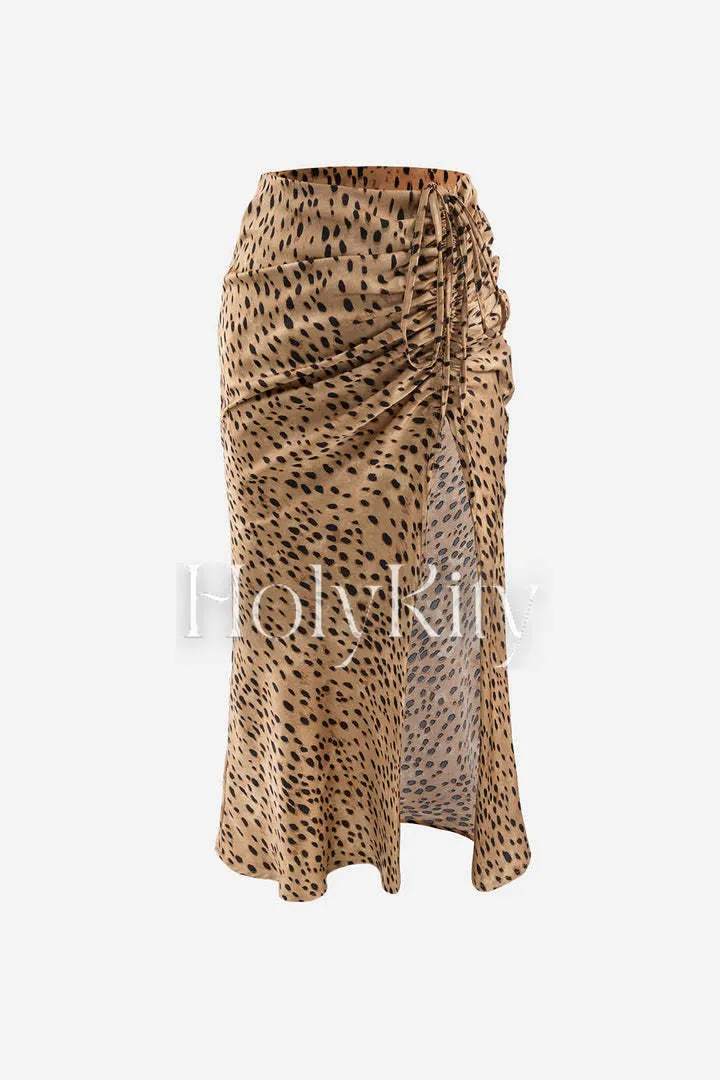 Leopard Drawstring Slit Skirt