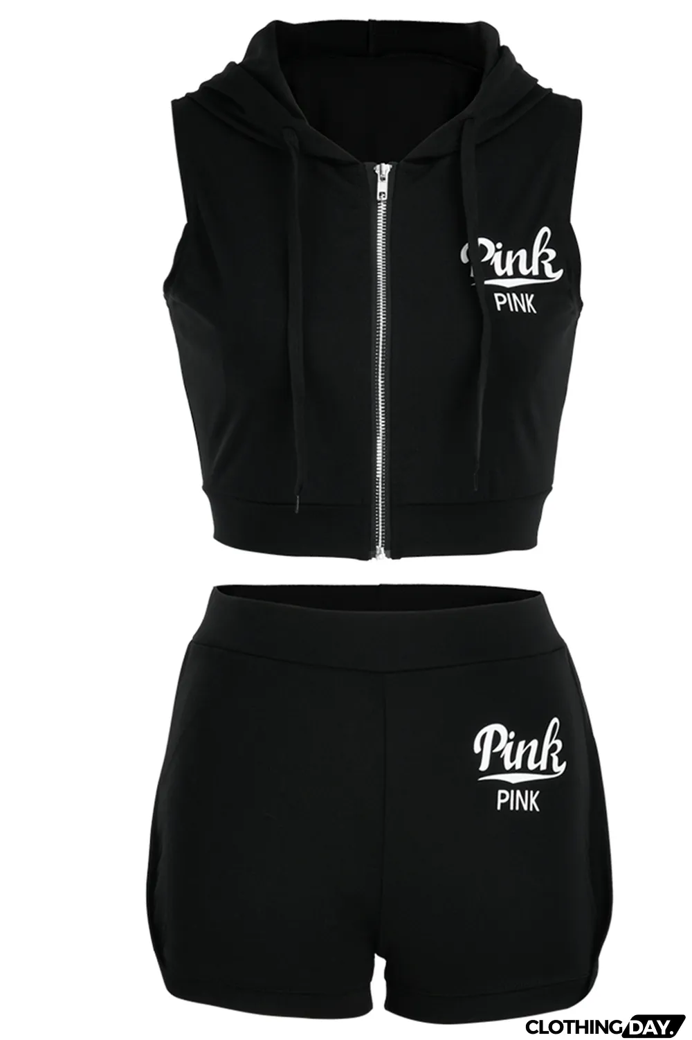 Black Fashion Print Patchwork Hooded Collar Sleeveless Two Pieces