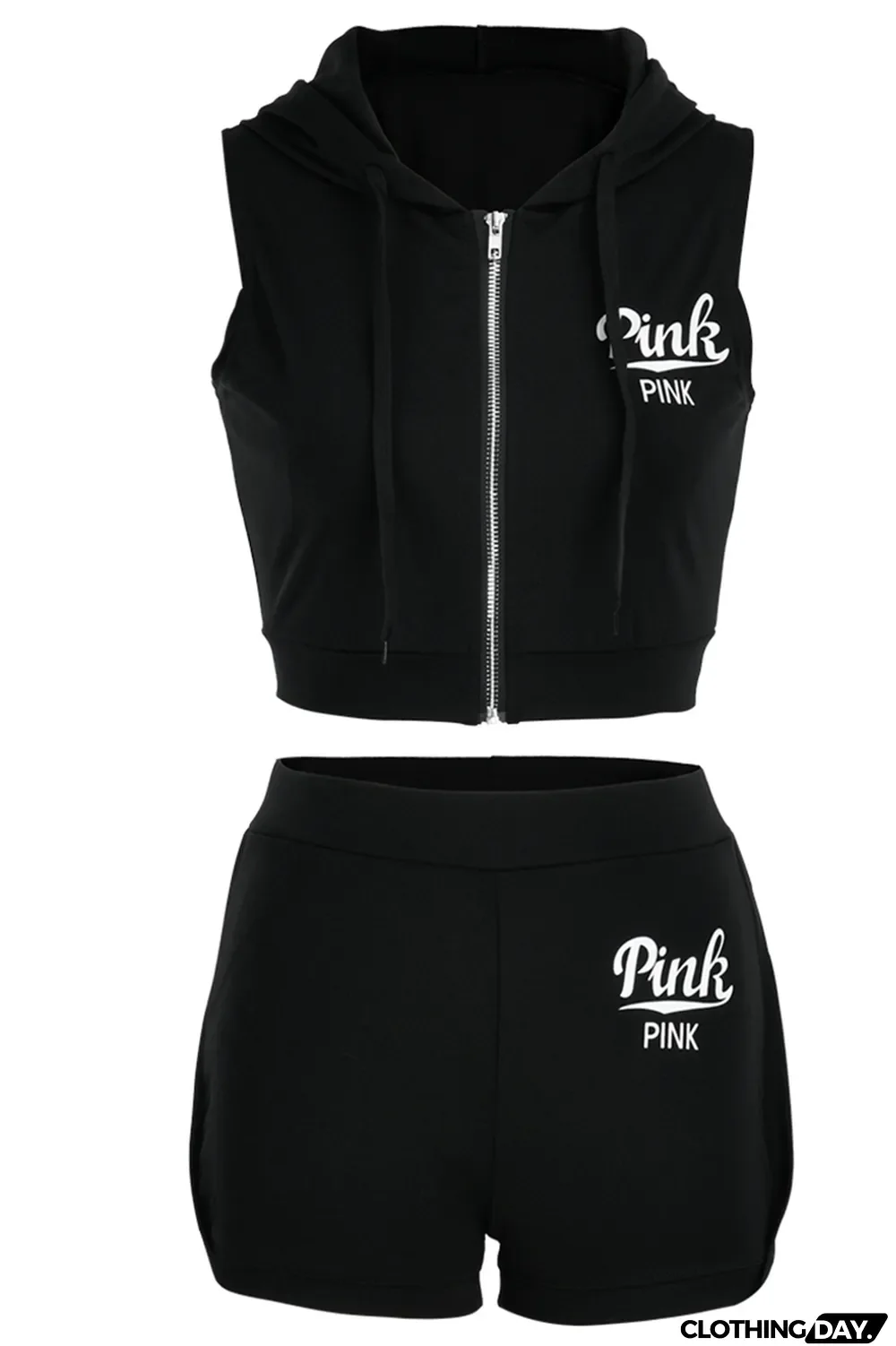 Black Fashion Print Patchwork Hooded Collar Sleeveless Two Pieces