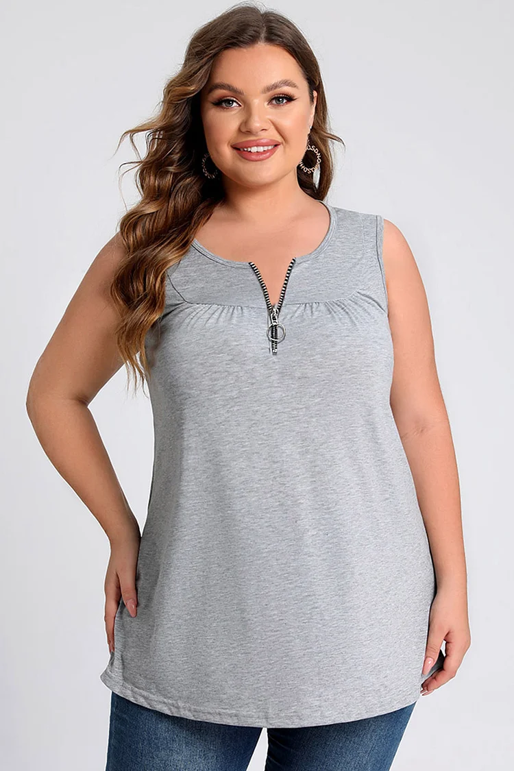 Plus Size Zipper Solid Round Neck Pleated Casual Tank Top  Flycurvy [product_label]