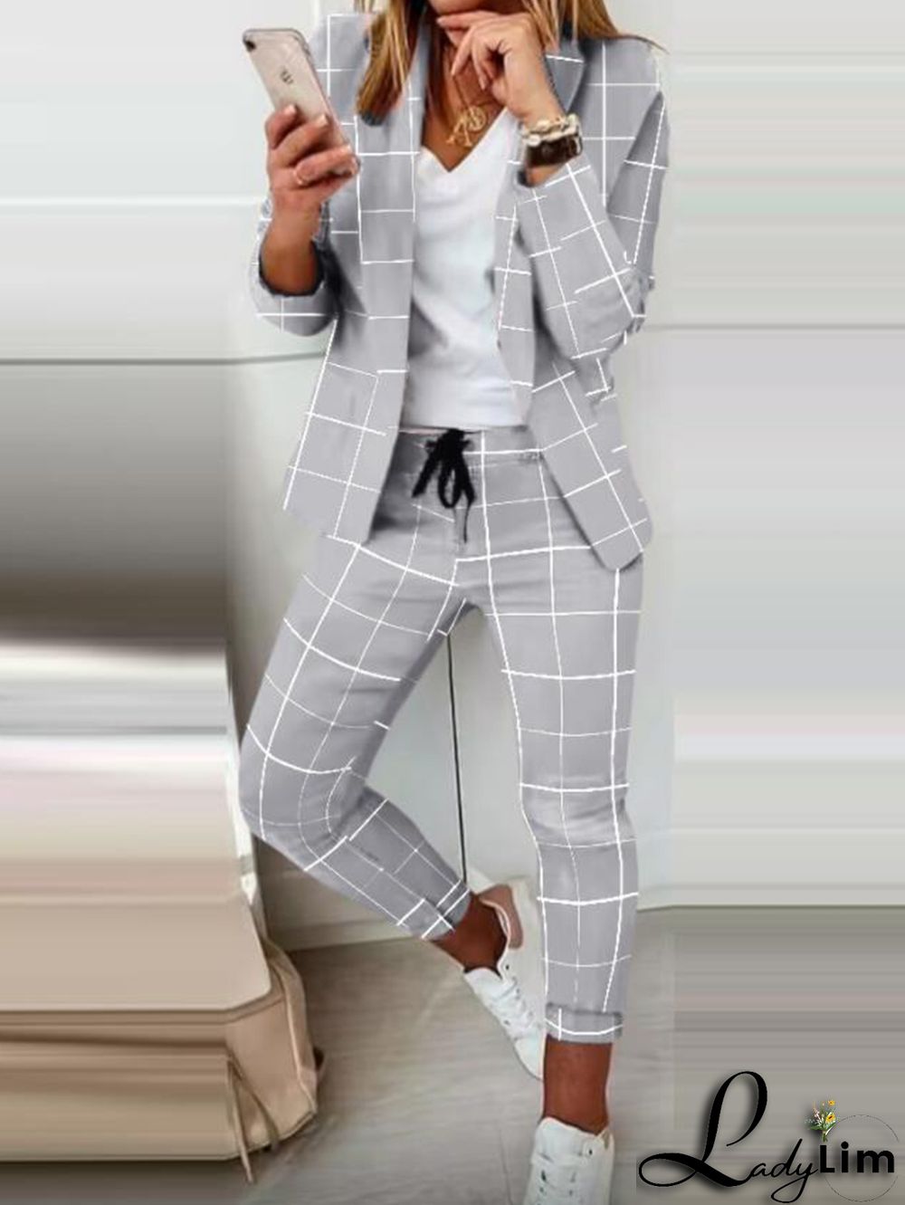 Casual Colorblock Allover Pattern Blazer & Pants 2 Pcs Set