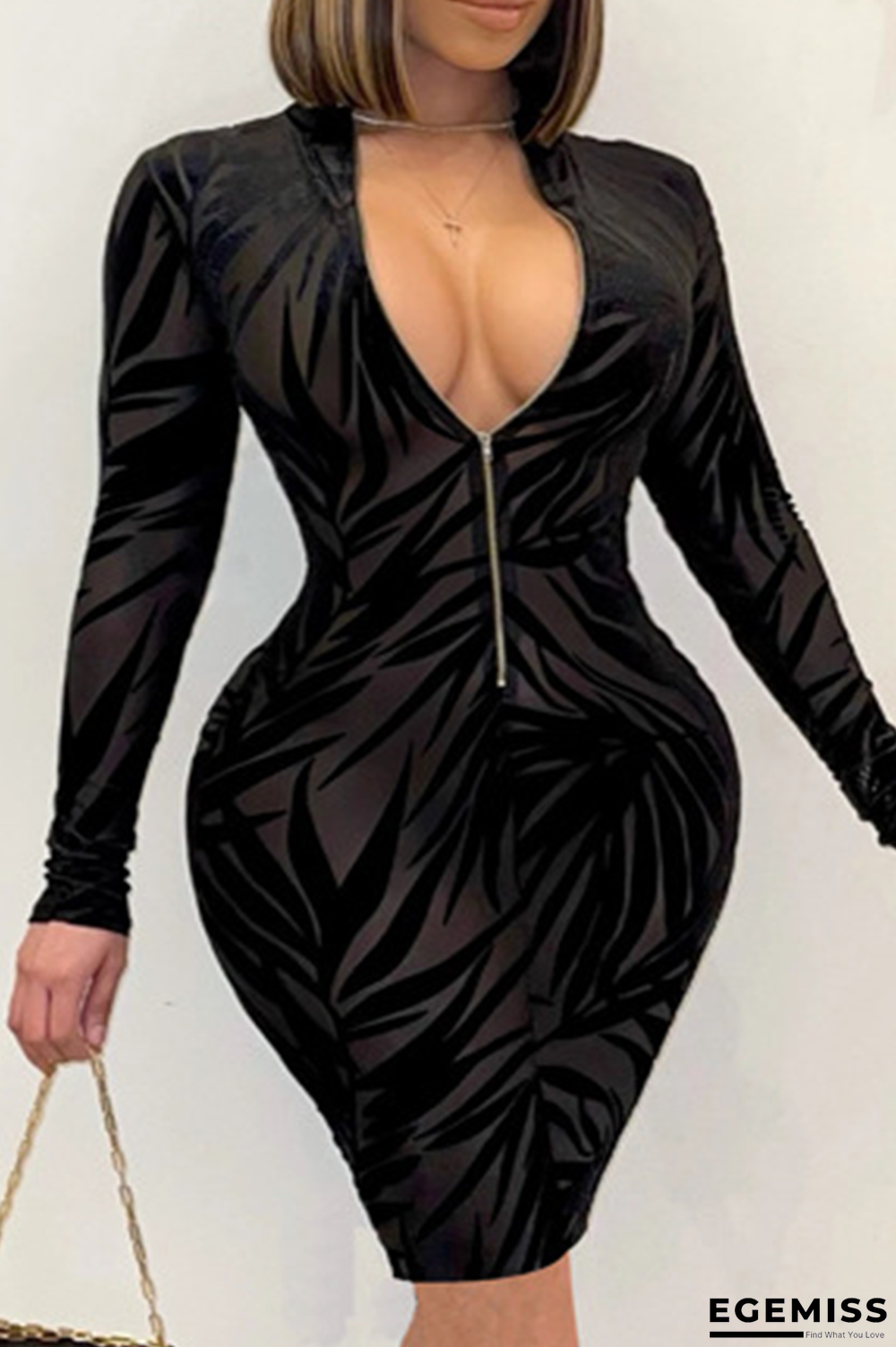 Black Sexy Print Patchwork V Neck Pencil Skirt Dresses | EGEMISS
