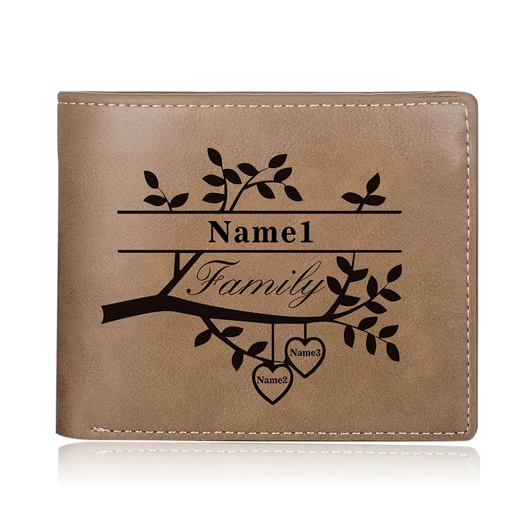 3 Names-Personalized Family Tree Leather Mens Wallet Engraved 3 Names-Special Gift Photo Wallet For Father/Grandpa