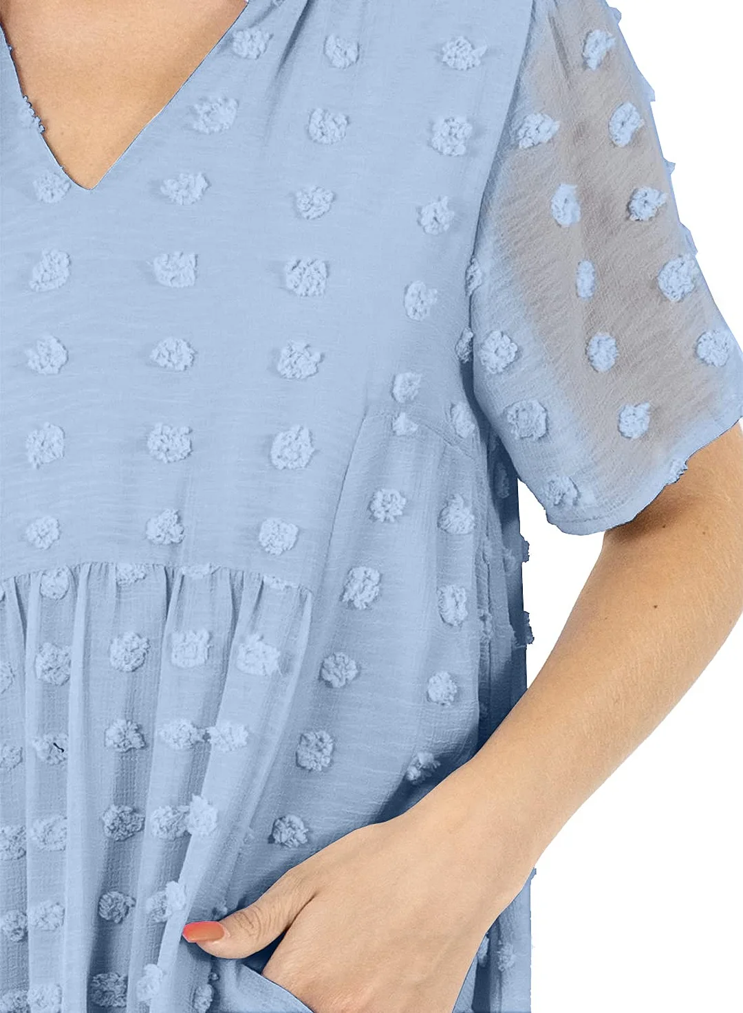 MIHOLL Women's V Neck Short Sleeve Ruffle Loose Summer Flowy Mini Dress