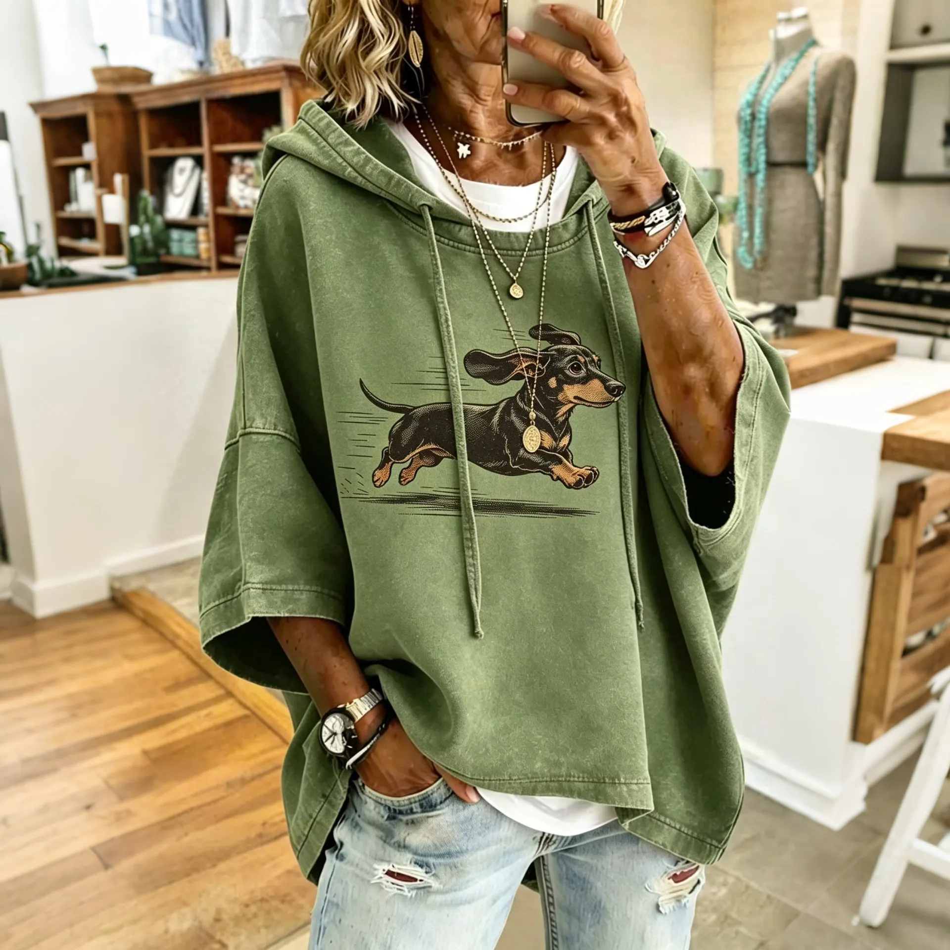 Comstylish Women's Cute Running Dachshund Print Hooded Sweatshirt