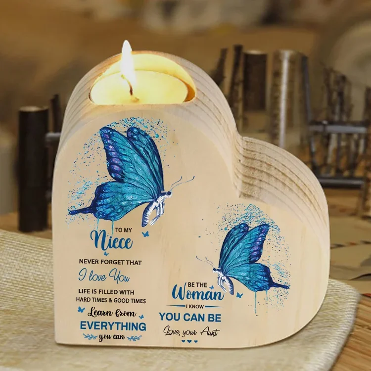 To My Niece Heart Candle Holder Never Forget That I Love You Wooden Blue Butterfly Candlestick
