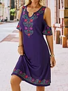 Vacation Tribal Floral Boho Loosen V Neck Short Sleeve Midi Knit Dress
