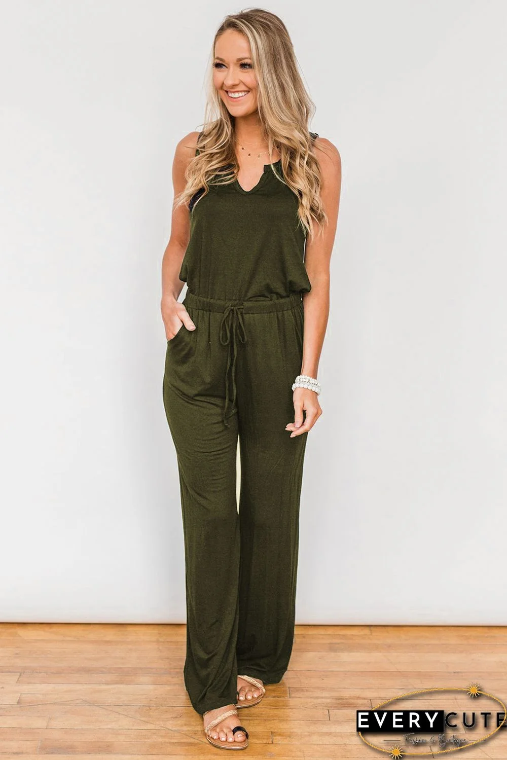 Green Split Neck Drawstring Waist Sleeveless Jumpsuit