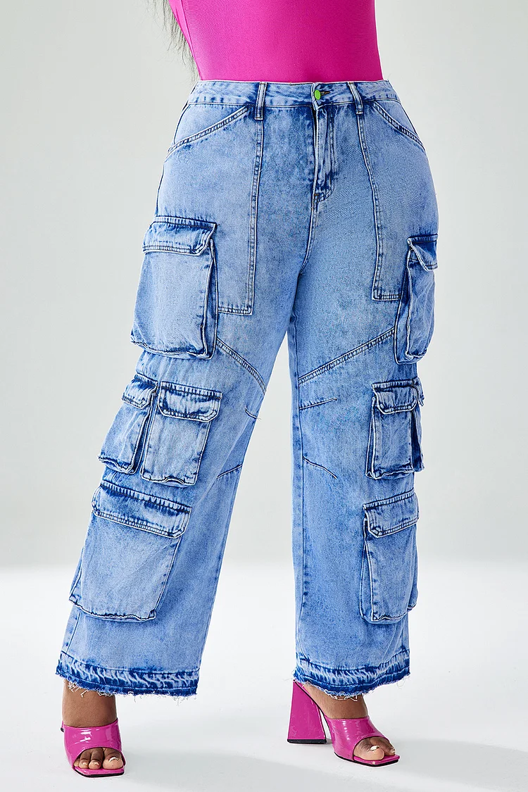 Xpluswear Design Plus Size Casual Jeans Blue Pockets Design Cargo Jeans 
