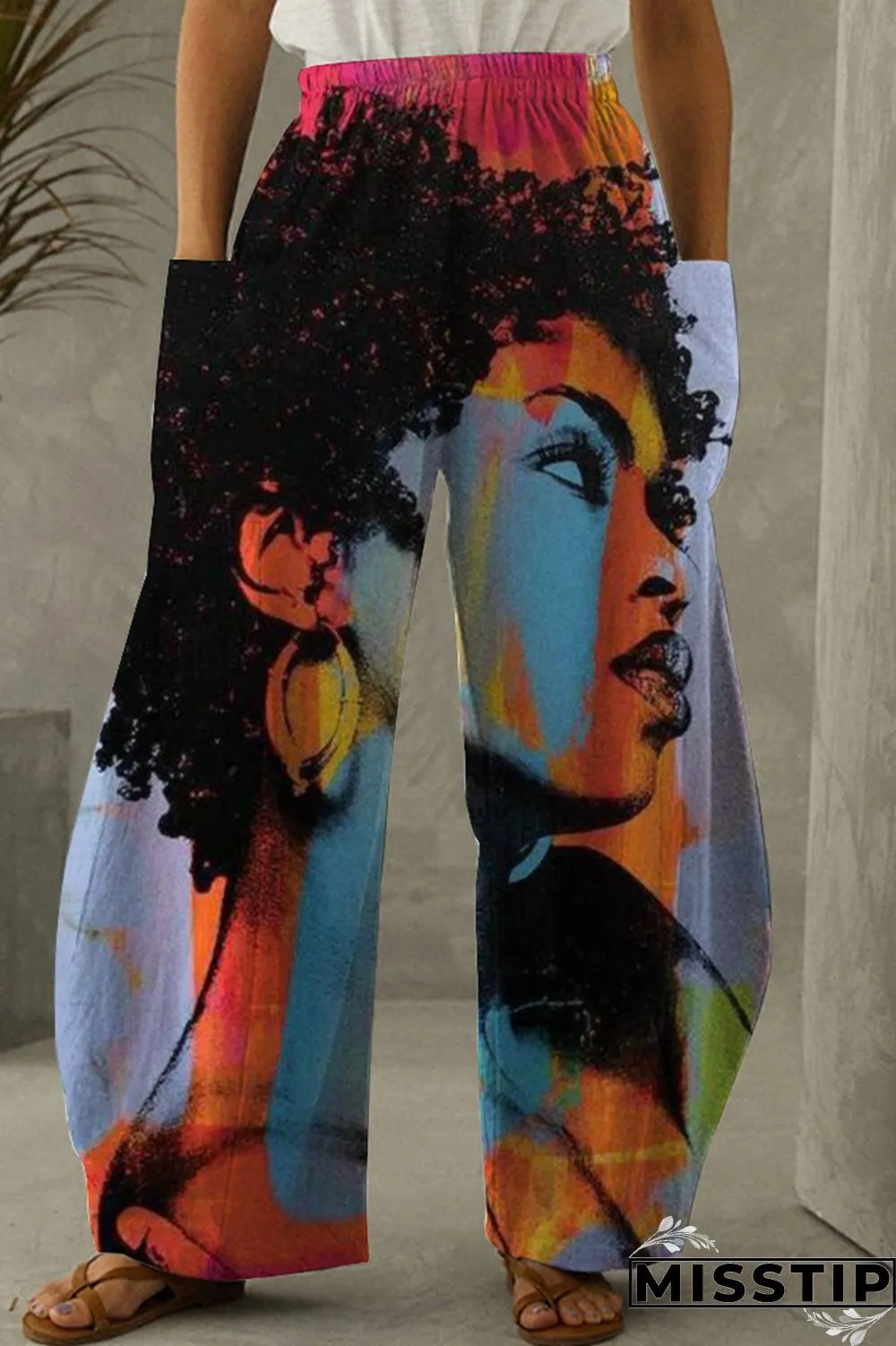 Light Gray Fashion Casual Print Patchwork Pocket Regular High Waist Trousers