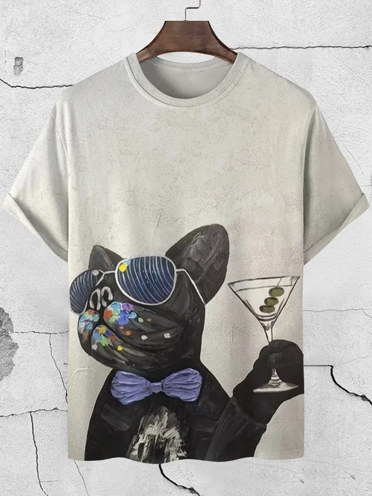 Men's Dog Drinks Cocktail Oil Painting Art Print Casual T-Shirt