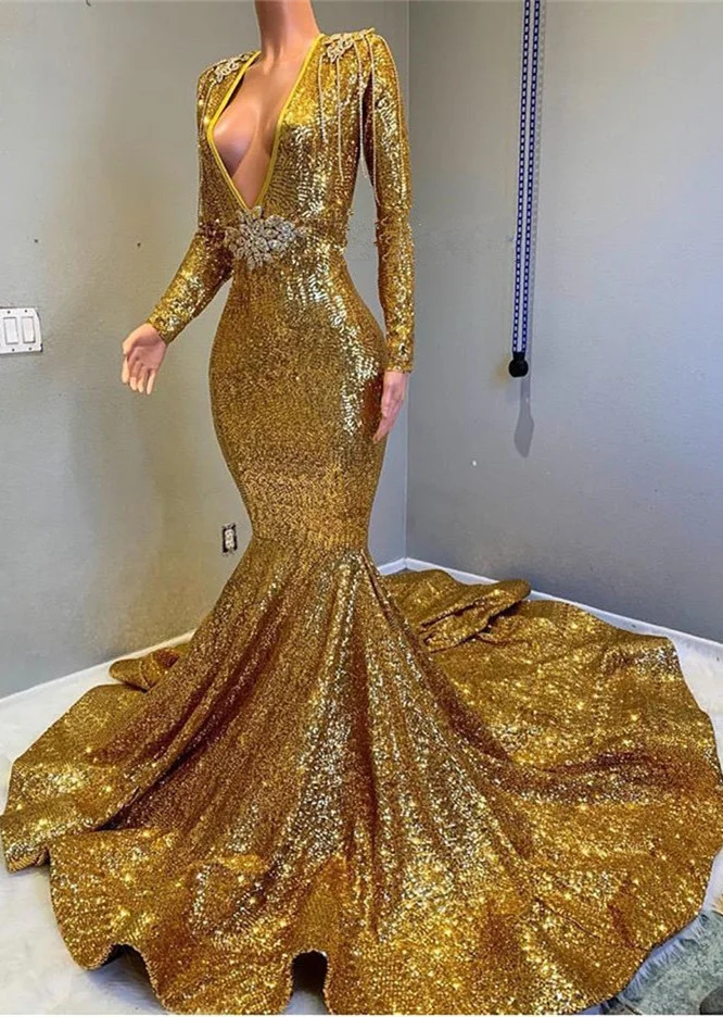 Daisda Long Sleeves V-Neck Gold Mermaid Prom Dress With Applique