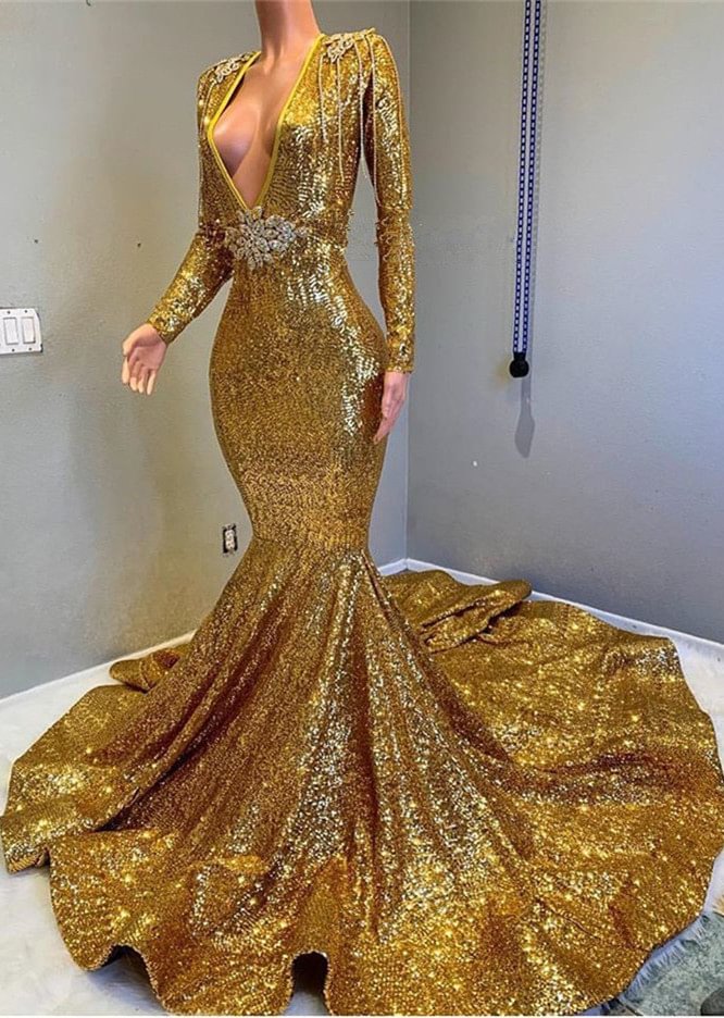 Gold Lange Ärmel V-Ausschnitt Meerjungfrau Abendkleid mit Applikation PD0635 Lunass