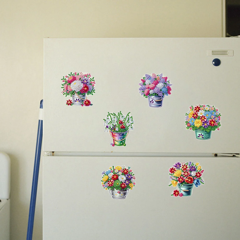  6 Pcs Flower Barrel Diamond Painting Cartoon Fridge Magnetic Stickers
