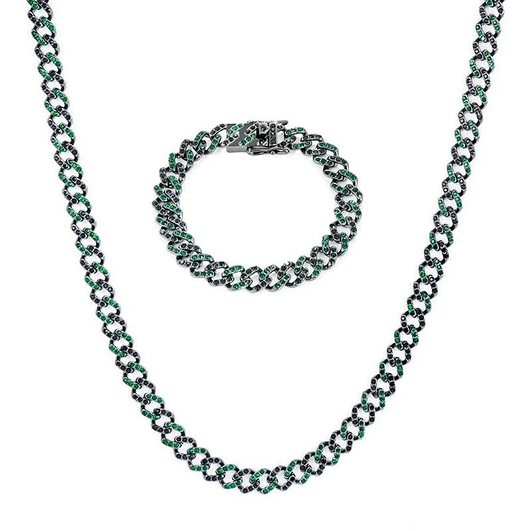 11mm Emerald & Black Stones Cuban Chain Set