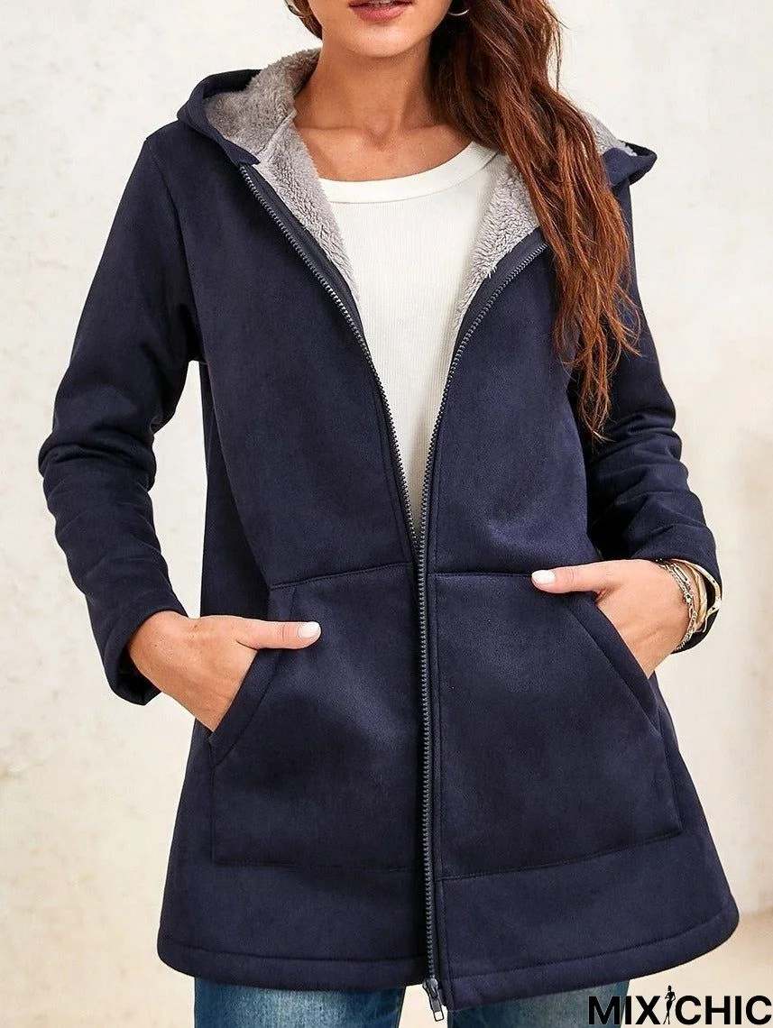 Ladies Two-Tone Suede Long-Sleeves Hooded Coat