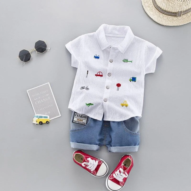 Summer Kids Toddler Boy Clothing Set Car Shirt Jeans 1 2 3 4 Years Short Sleeve Cotton Suit Children Clothes Boys Outfit
