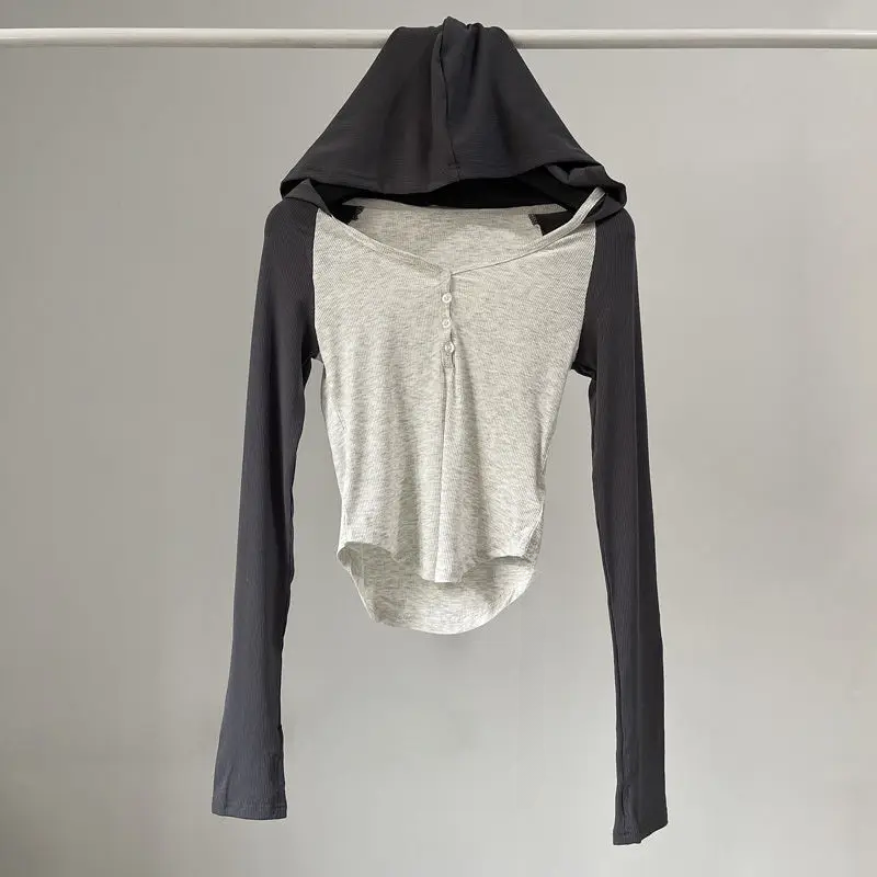 Playbrixx going out top Retro Color Block Sports Top Women Pure Desire Sexy Navel Short V-neck Long Sleeve Thin Hoodie T-shirt Urban Commute Style