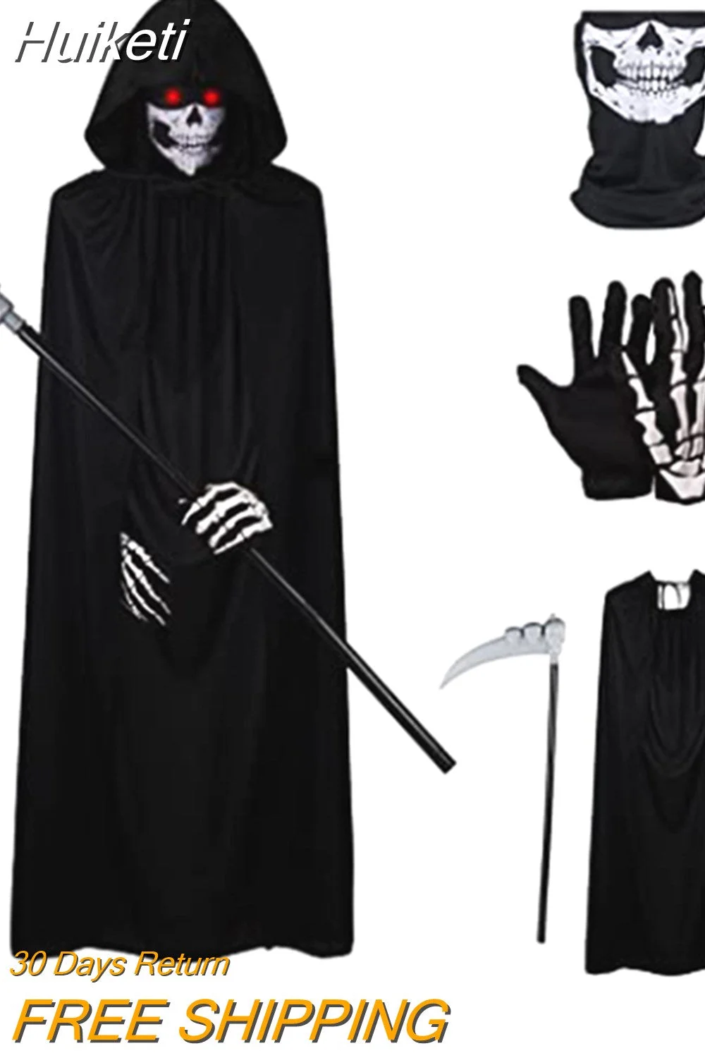 Huiketi Reaper Costume For Adults Deluxe Hooded Cloak + Skull Neck Gaiter + Gloves + Scythe Set Hot Sale Four-Piece Set