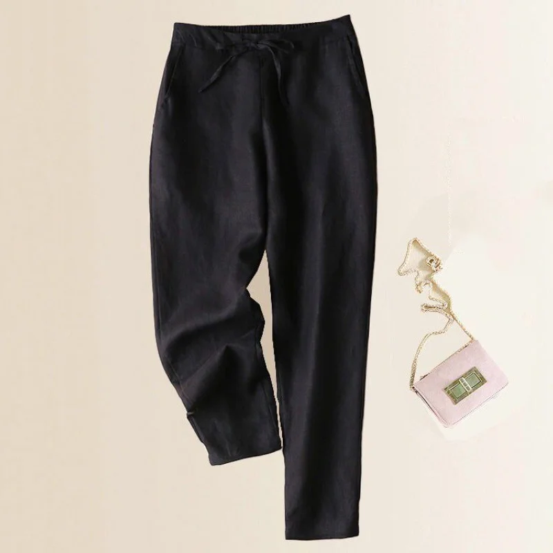 Vintage Solid Cotton Linen Pocket Casual Pants