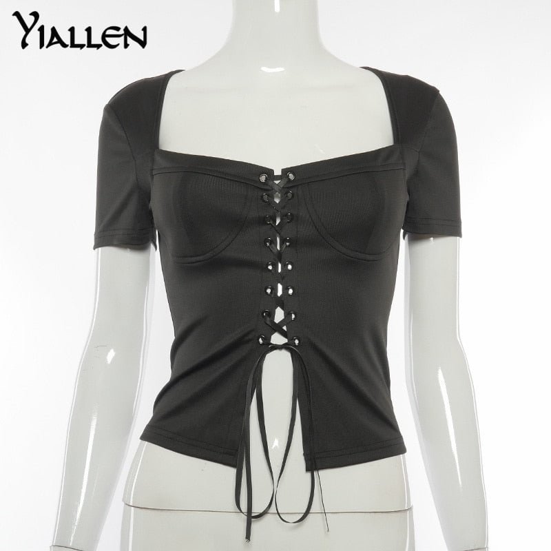Yiallen Summer Sexy Chic Fashion Square Collar Lace Up Top and Blouse for Women Short Sleeve Top Blouses Elegant Vintage Hot