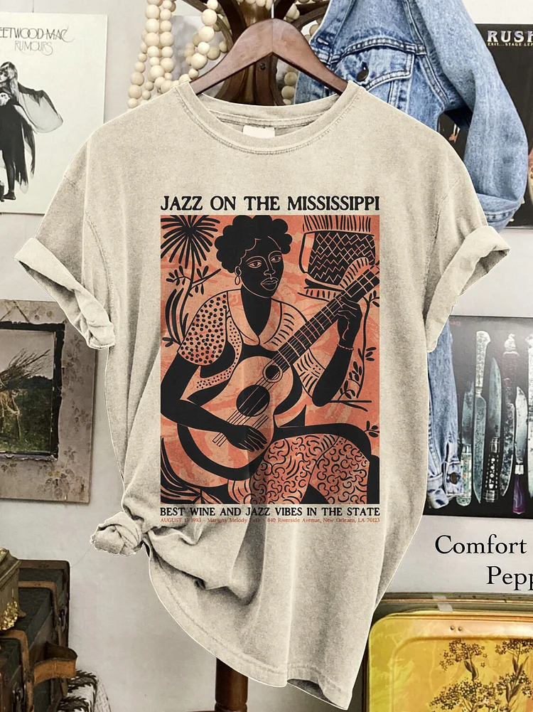 Women's Jazz On The Mississippi Illustration Print Cotton Casual T-Shirt