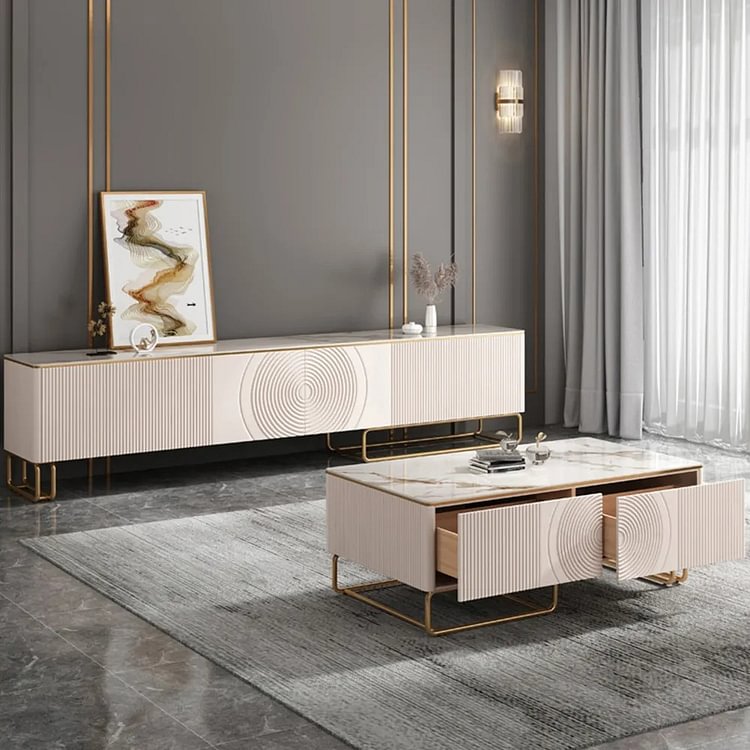 Homemys Modern Ribbed Coffee Table with 4 Drawers, White Stone Tabletop, Gold Stainless Steel Legs