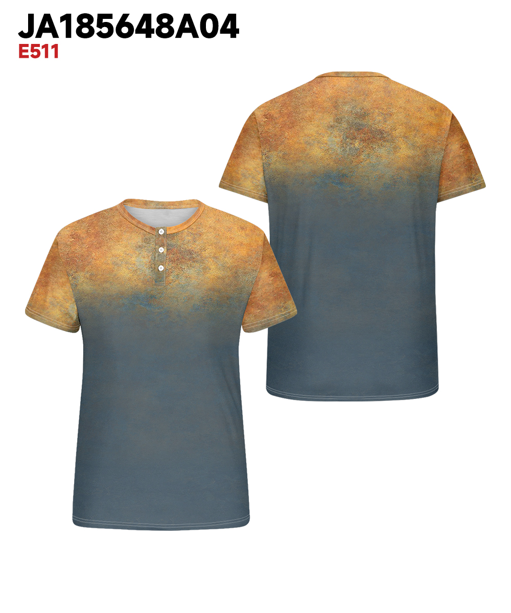 Men's Plus Size Daily Casual Yellow Blue Gradient Print Henry Collar Button Short Sleeve T-Shirt
