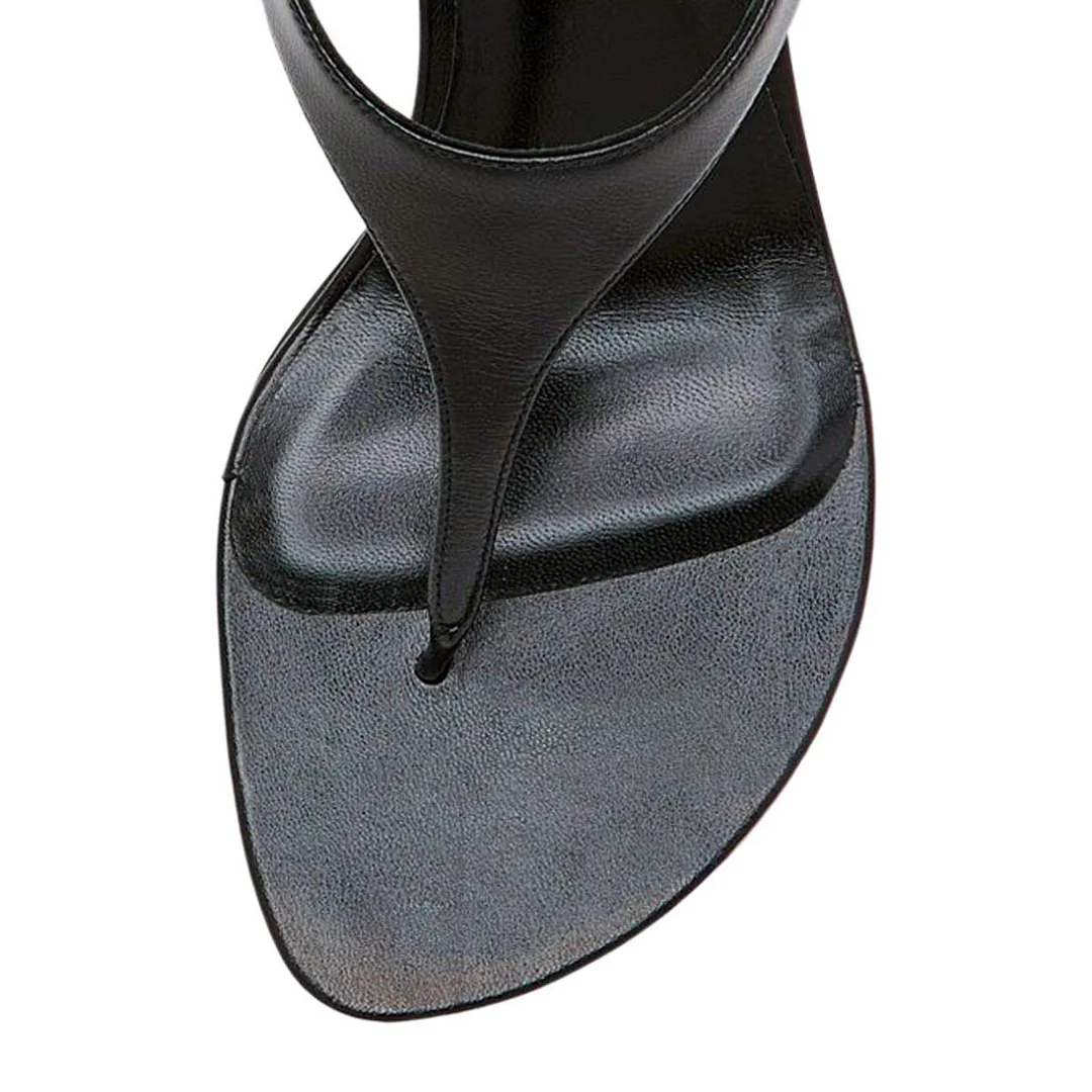 Simple Vegan Leather Open Toe Black Heels Sandals with T-Strap