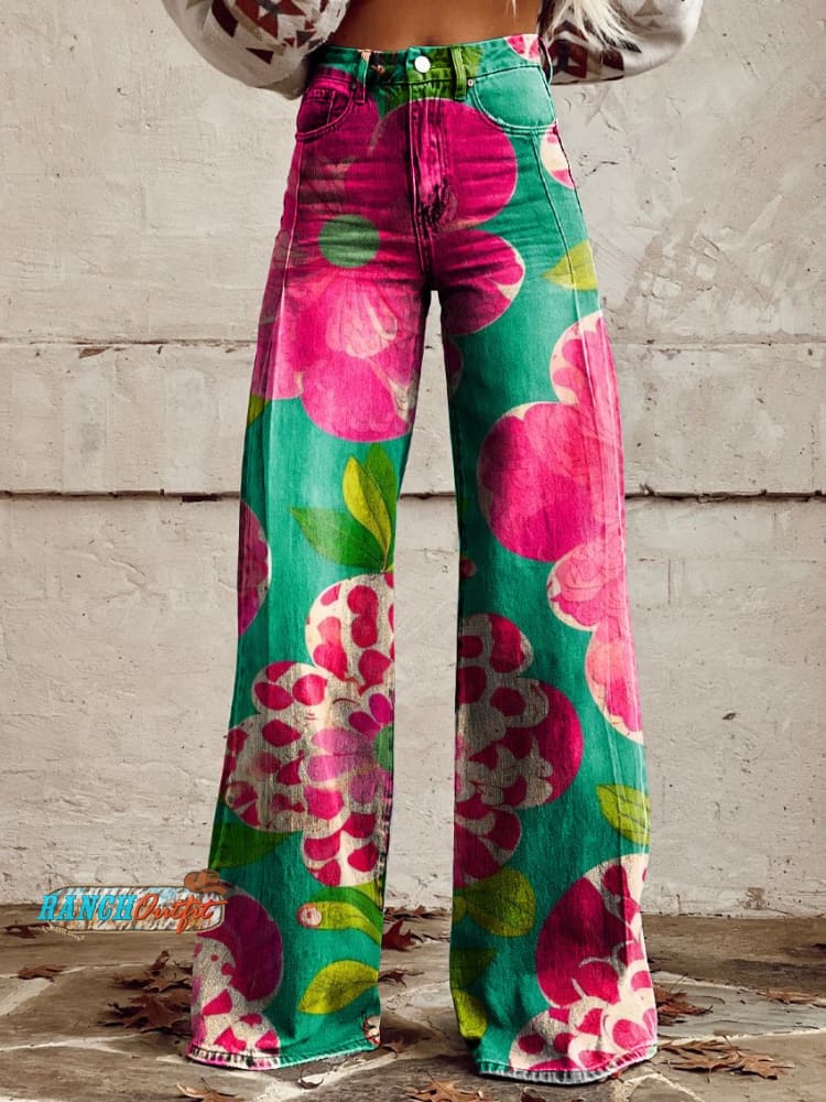 Rustic Print Women’s Casual Wide Leg Pants Multicolor / S