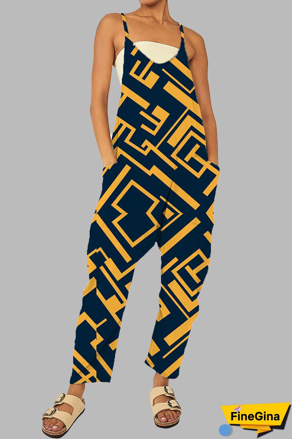 Black khaki Casual Gradual Change Print Patchwork Pocket Zipper Spaghetti Strap Loose Jumpsuits