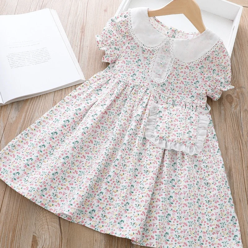 Kids Dress for Girls  Floral Dresses 2021 New Design Baby Girl Dress with Bag Short Sleeve Princess Dress