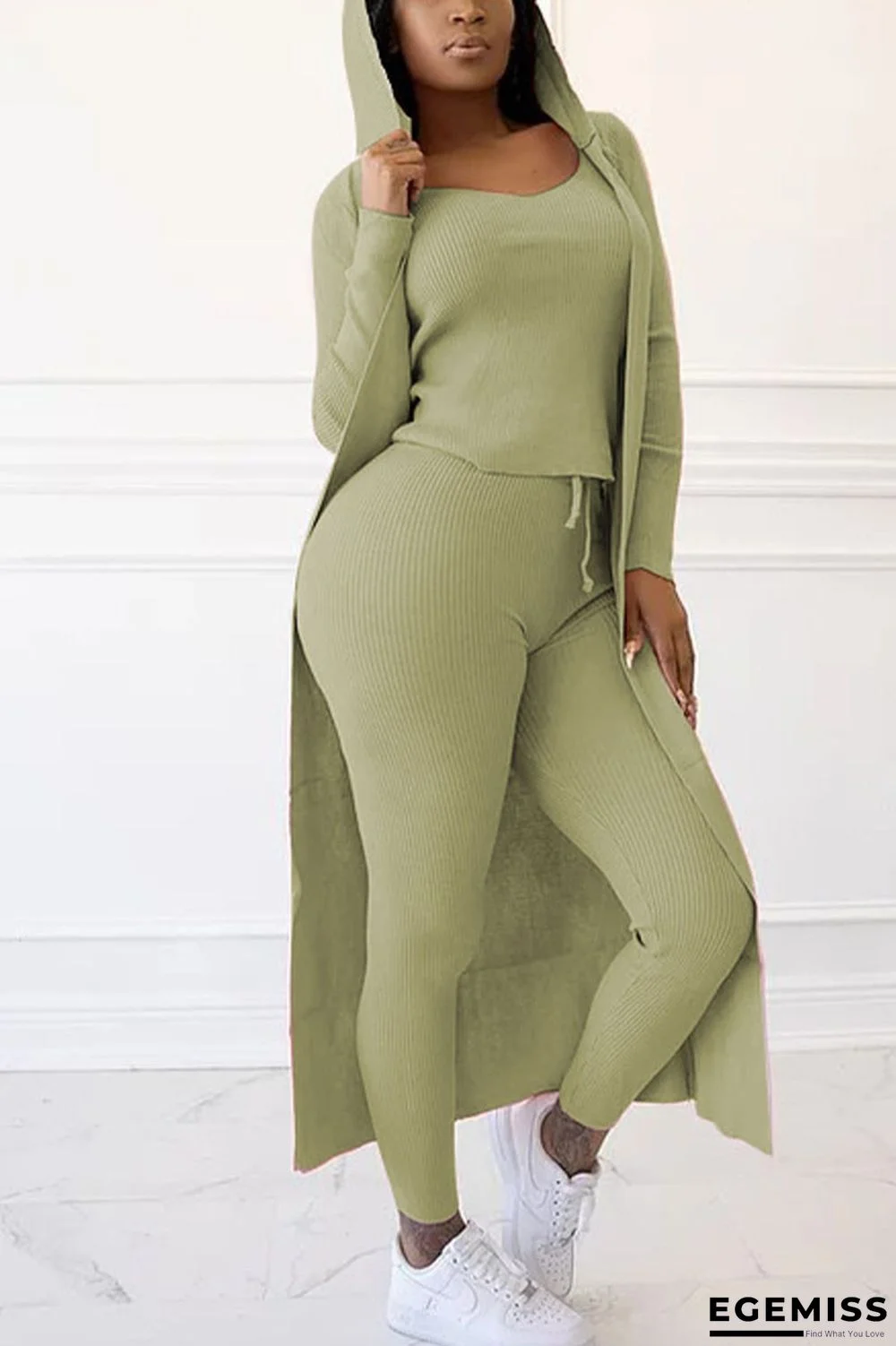 Light Green Casual Solid Patchwork O Neck Long Sleeve Regular Sleeve Two Pieces | EGEMISS