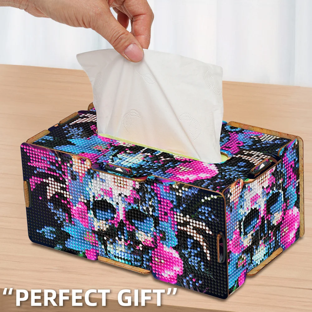 Flower Skull Diamond Painting Tissue Box Wooden Diamond Art Tissue Storage Box