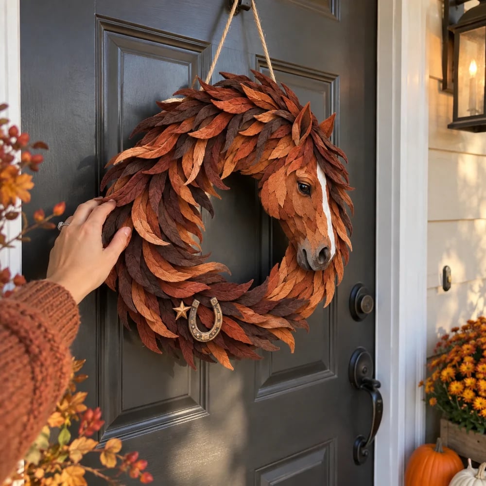 Customer adjusting the rustic horse wreath on her front door