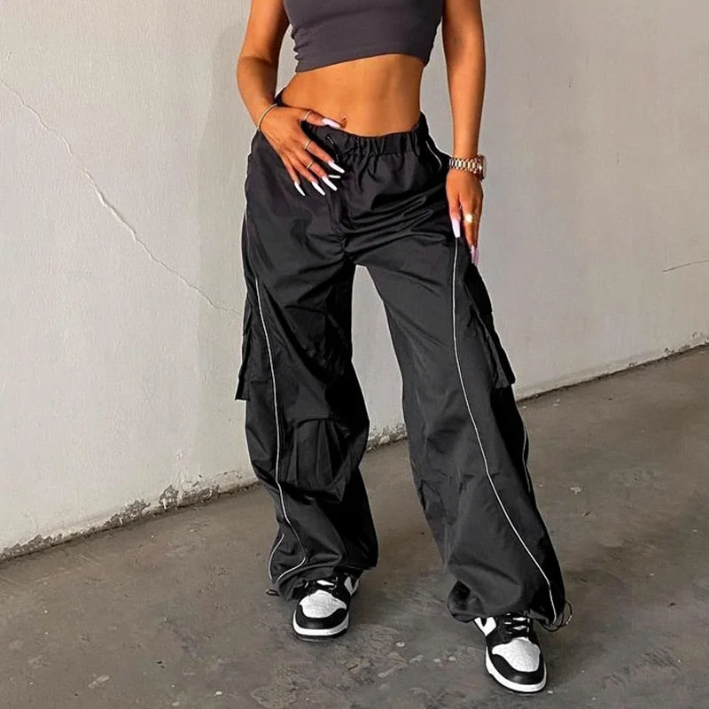 BIIKPIIK Loose Cargo Pants Women Workout Overalls Sporty Casual Side Stripe Drawstring Middle Waist Trousers Woven Jogging Pant