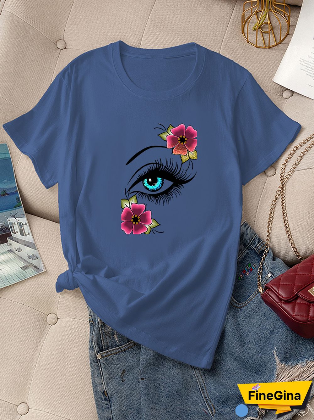 Casual Summer Daily T-shirt Women 100% Cotton Short Sleeve Rose Eye Print Female Graphic Fashion T Shirt Ladies O-Neck Tees Tops
