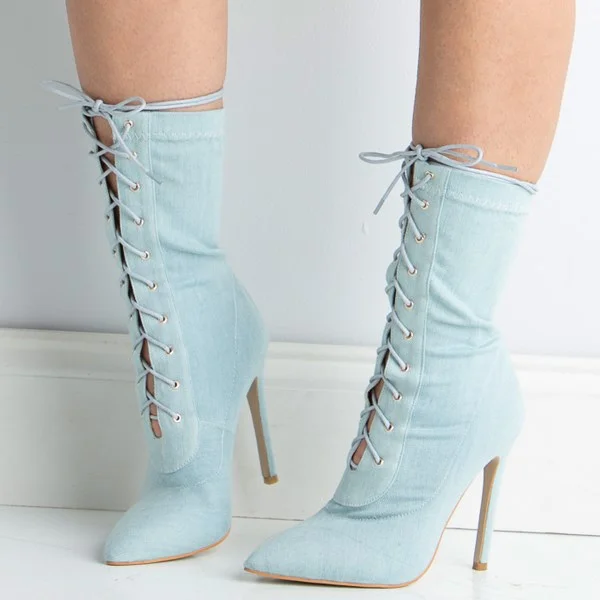 Light Blue Denim Pointy Toe Stiletto Boots Lace Up Ankle Boots |FSJ Shoes