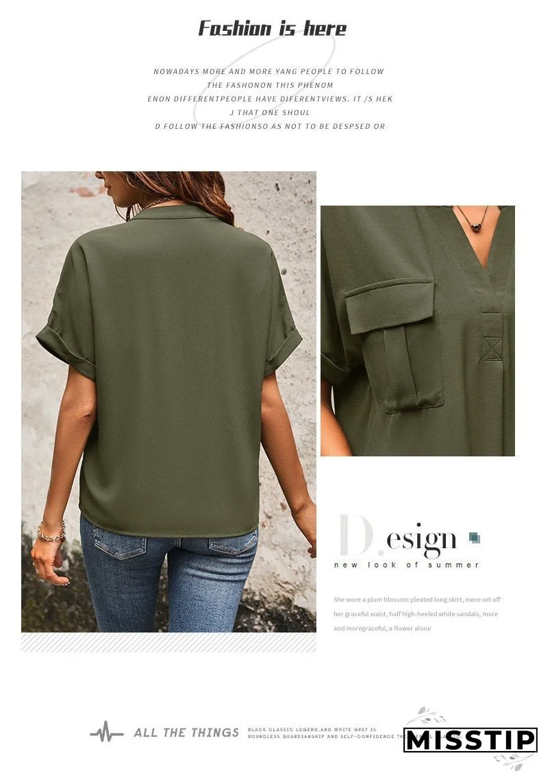 Solid Color V-neck Pocket Short-sleeved Shirt 22982116